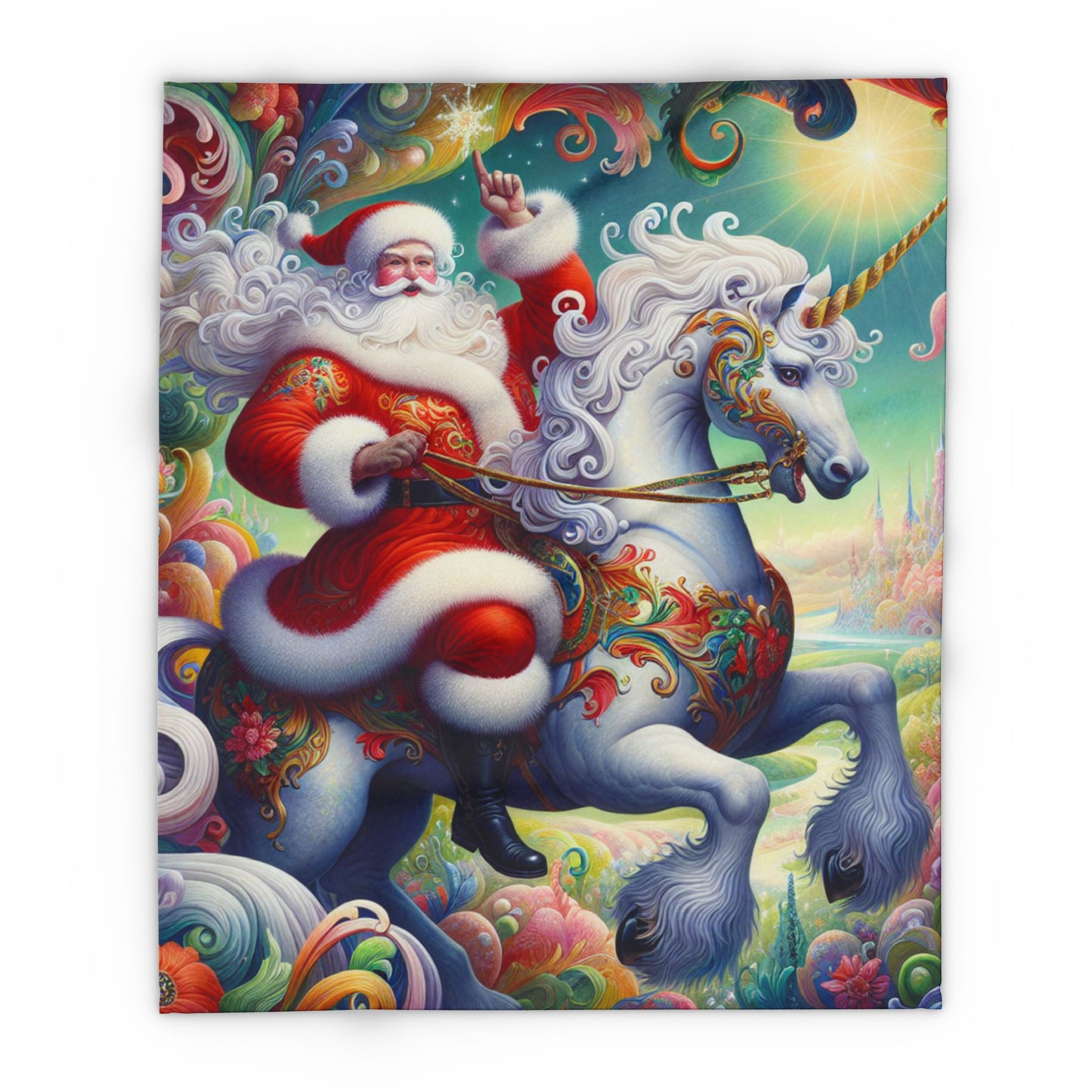 Magical Santa Unicorn Fleece Blanket, Cozy Holiday Decor, Perfect Christmas Gift, Whimsical Home Textile, Festive Warmth