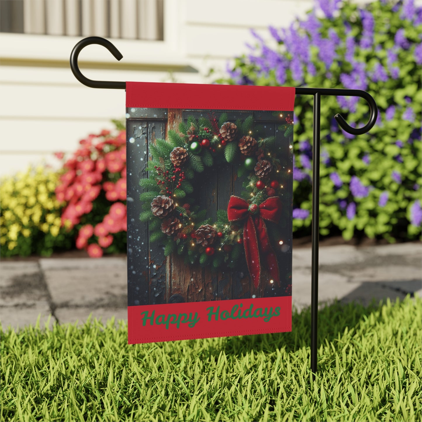 Festive Garden Banner - Holiday Cheer Decor for Yards, Porch, Home, Wreath Design, Seasonal Greetings, Christmas Decorations