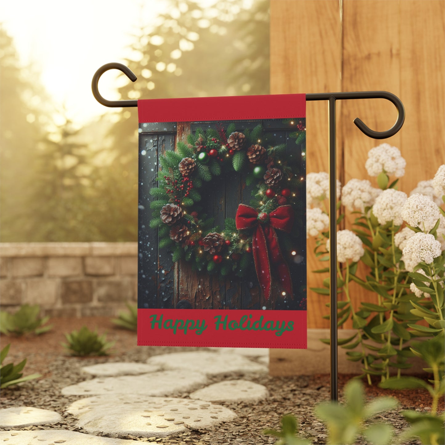 Festive Garden Banner - Holiday Cheer Decor for Yards, Porch, Home, Wreath Design, Seasonal Greetings, Christmas Decorations