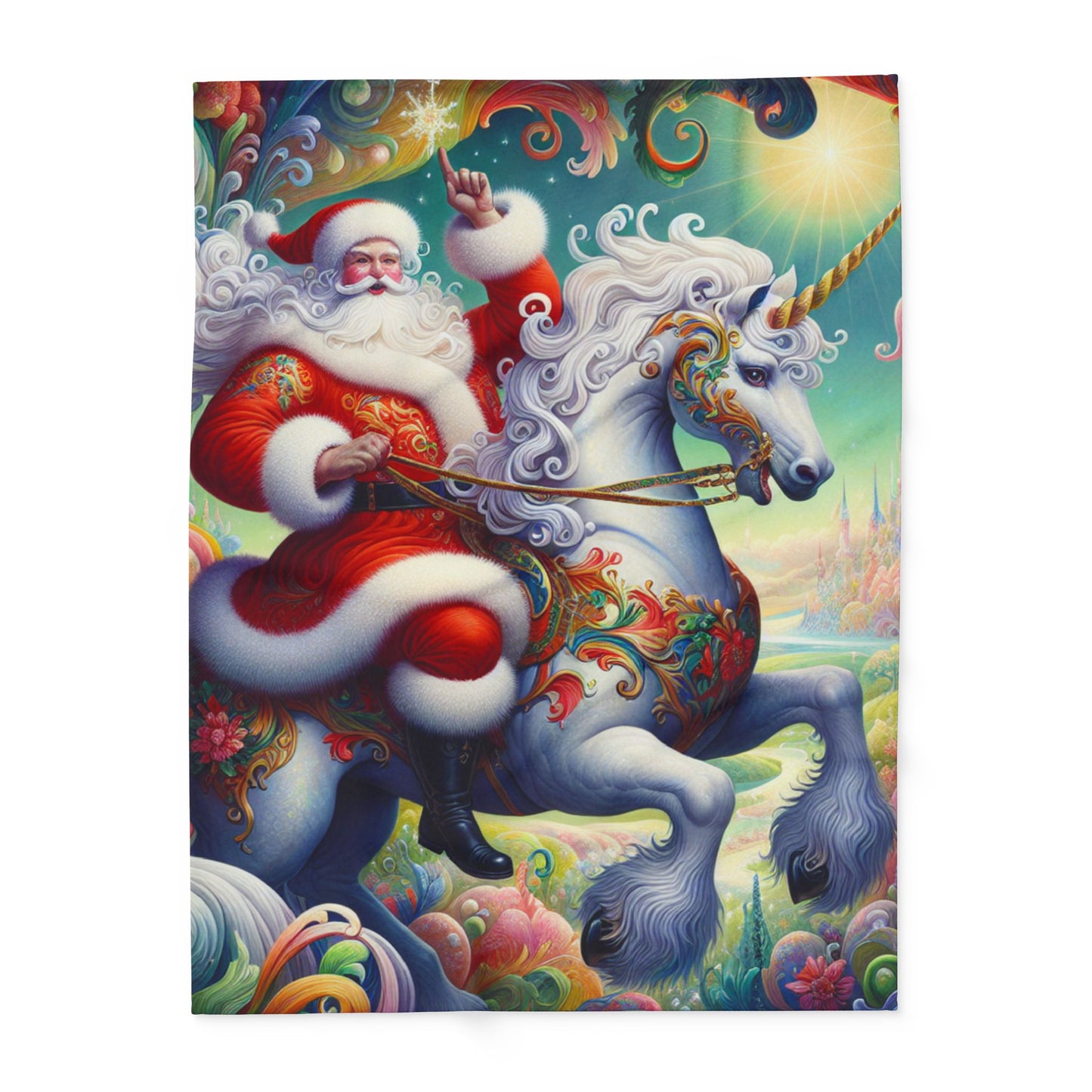 Magical Santa Unicorn Fleece Blanket, Cozy Holiday Decor, Perfect Christmas Gift, Whimsical Home Textile, Festive Warmth