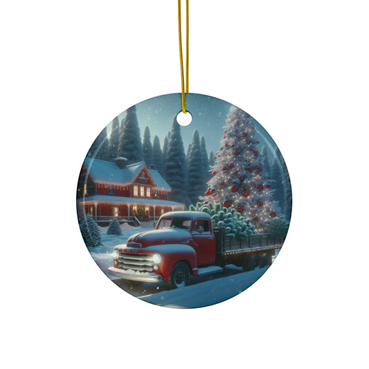 Vintage Christmas Truck Ceramic Ornament, Holiday Decor, Personalized Gift, Tree Decoration, Home Decoration