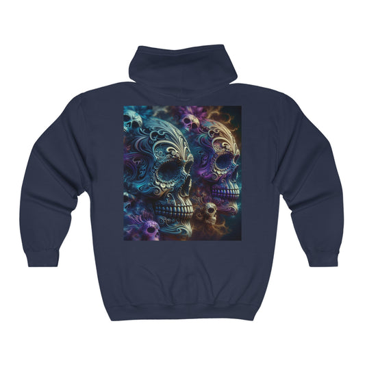 Vibrant Sugar Skull Hoodie, Unisex Heavy Blend™ Zip Sweatshirt, Day of the Dead Gift, Halloween Essentials, Unique Graphic Hoodie, Cozy