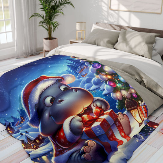 Cozy Christmas Hippopotamus Fleece Blanket - Cute Holiday Decor, Gift for Kids, Snuggle Blanket, Winter Bedding, Kids Room